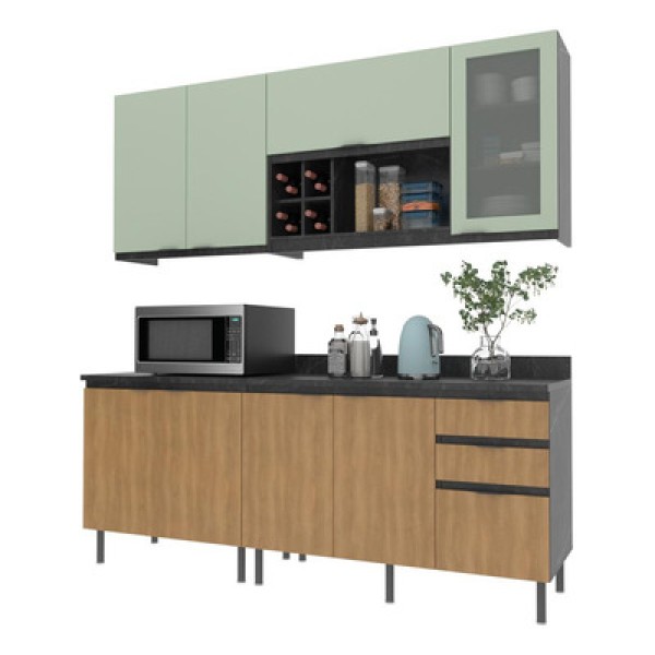 Encontraproduto.com.br - Cozinha Compacta Azaleia 8 PT 3 GV Freijó e Verde