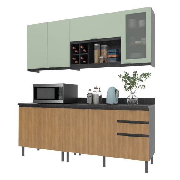 Encontraproduto.com.br - Cozinha Compacta Azaleia 8 PT 3 GV Freijó e Verde