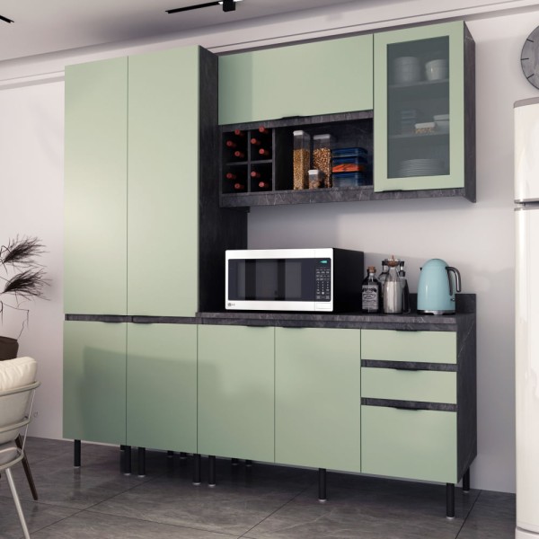 Encontraproduto.com.br - Cozinha Compacta Margarida 8 PT 3 GV Verde e Preto