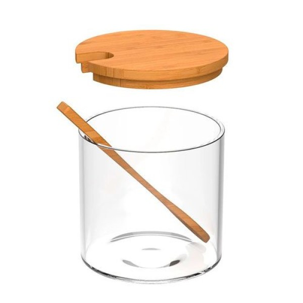 Encontraproduto.com.br - Jogo de 3 Potes Borossilicato com Colher Tampa e Suporte em Bambu