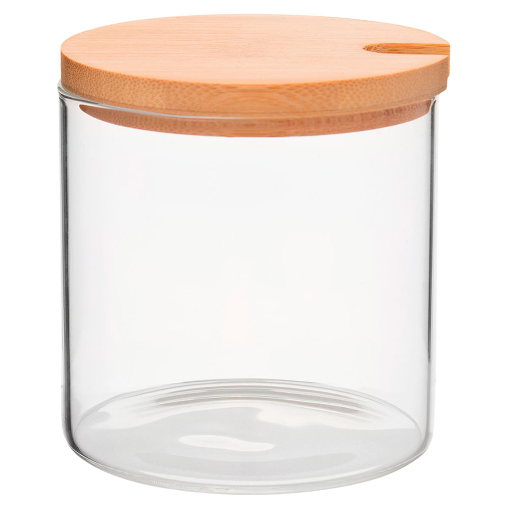 Encontraproduto.com.br - Jogo de 3 Potes Borossilicato com Colher Tampa e Suporte em Bambu