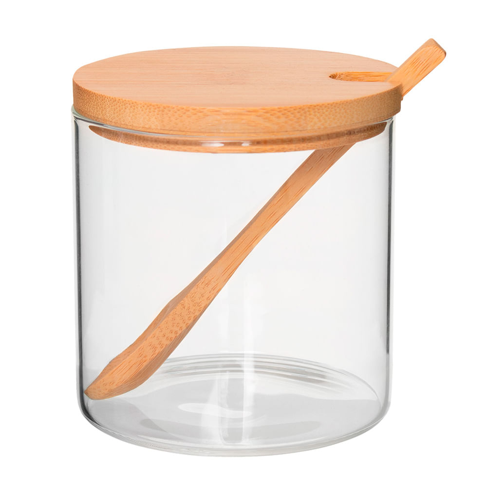 Encontraproduto.com.br - Jogo de 3 Potes Borossilicato com Colher Tampa e Suporte em Bambu