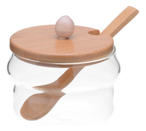 Açucareiro de Vidro Borossilicato com Tampa e Colher de Bambu 8,3cm