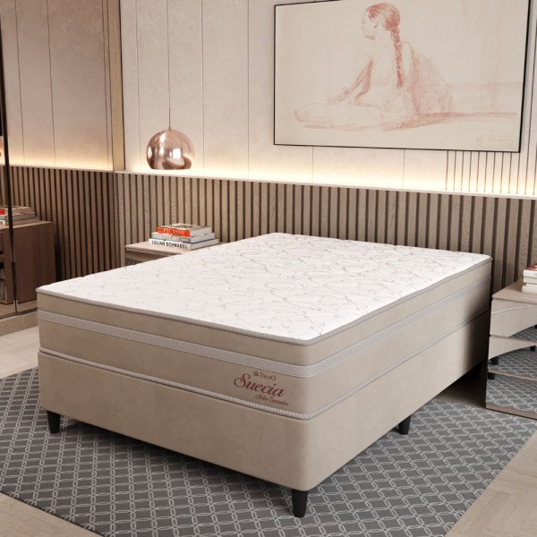 Cama Box Casal (138X188) D26 Molas Ensacadas Creme Suede Suecia Topazio Colchões