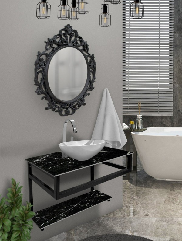 Conjunto de Móveis Para Banheiro Fabribam Helena 60cm Cuba Alice e Vidro Marmorizado Acompanha Espelheira Preto