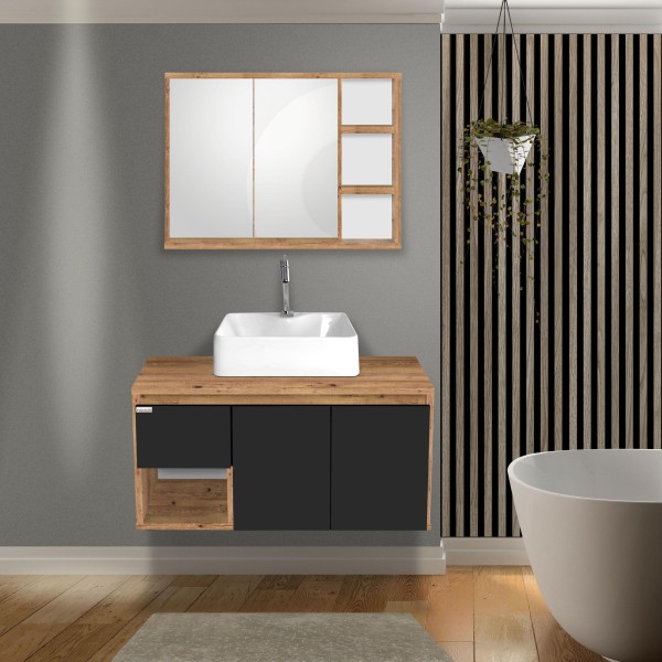 Conjunto de Móveis Para Banheiro Fabribam Apollo 90cm Suspenso com CubaStella Branca Antiqua e Preto