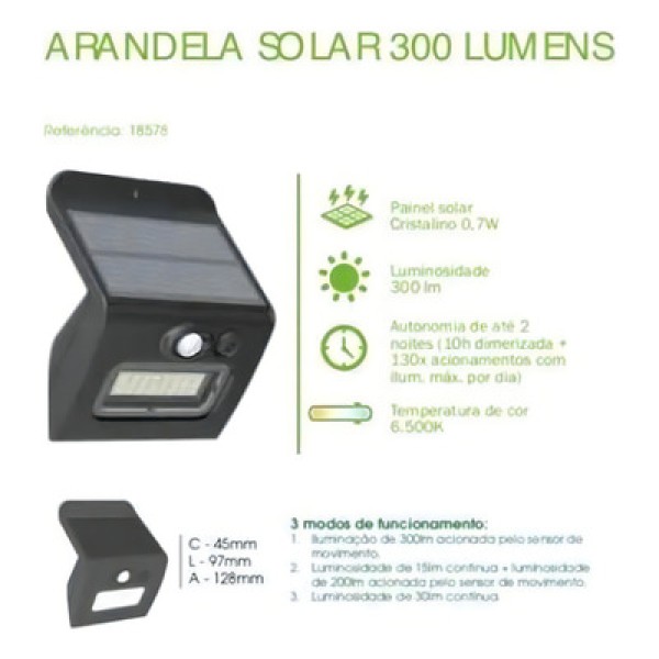 Encontraproduto.com.br - Arandela Externa Solar 300LM 6500K Abs Ecoforce 18578 Preto