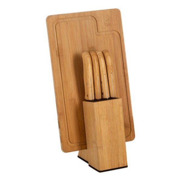 Encontraproduto.com.br - Conjunto de Facas para Cozinha Welf KT90163 Bambu e Inox 6 Peças com Cepo e Tábua Retangular