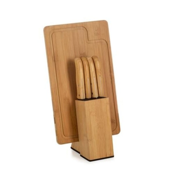 Encontraproduto.com.br - Conjunto de Facas para Cozinha Welf KT90163 Bambu e Inox 6 Peças com Cepo e Tábua Retangular