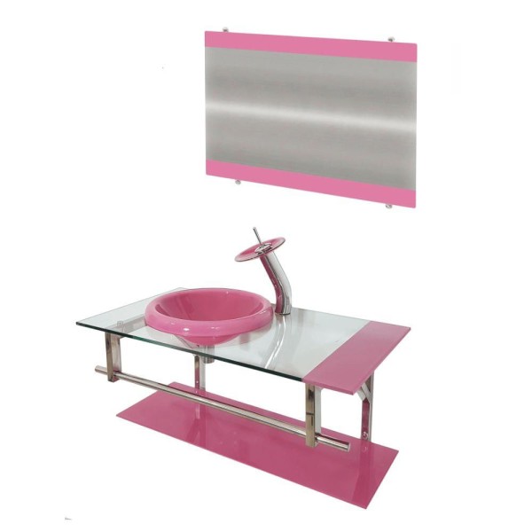 Gabinete de Vidro 80cm Inox com Cuba Chapéu Redonda Rosa