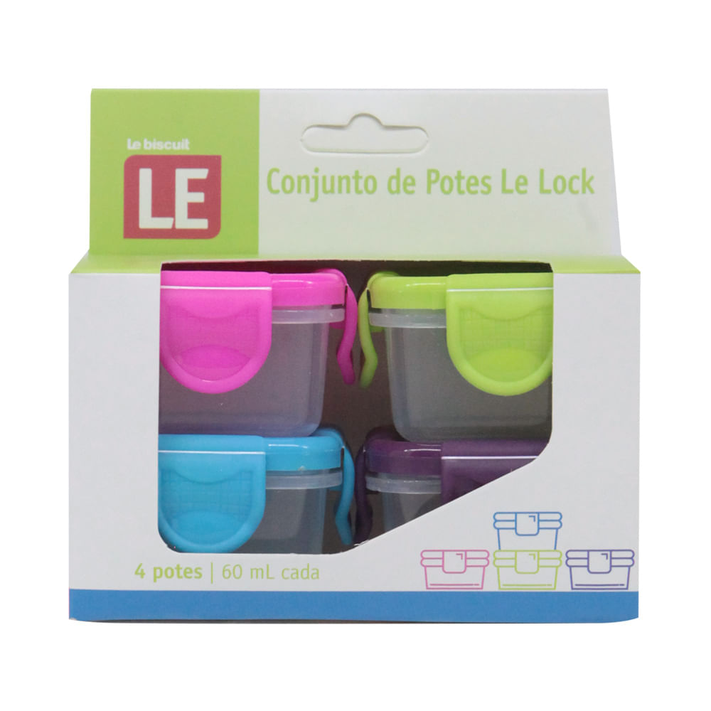 Encontraproduto.com.br - Conjunto de Potes Le Lock em Plástico com Tampa Colorida com 4 Peças