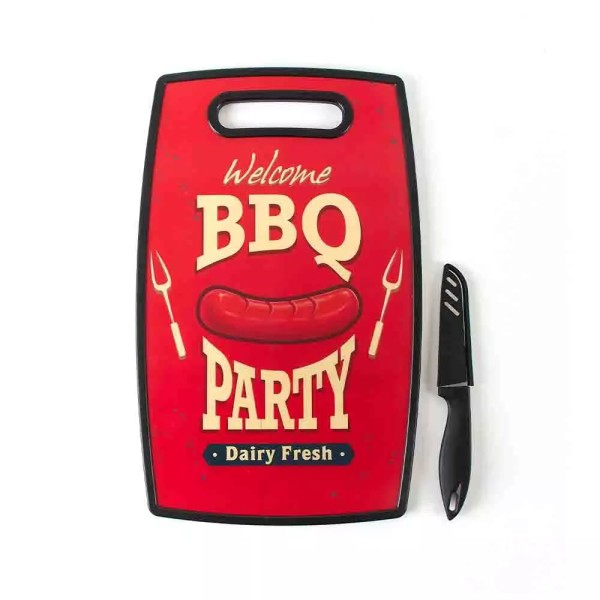 Encontraproduto.com.br - Tábua de Corte Le BBQ em Plástico Vermelha com Faca 37x23cm
