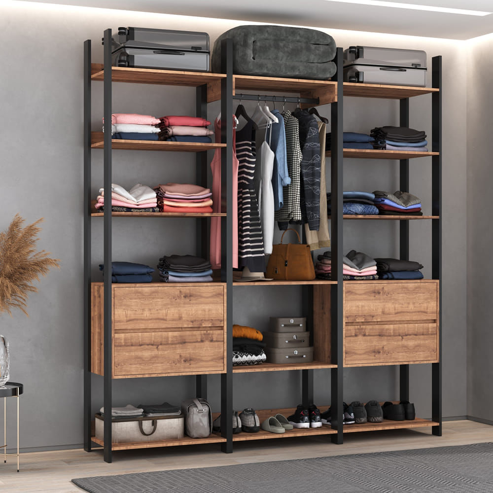 Closet Industrial com 4 Gavetas e Cabideiro FSC Preto e Solanum