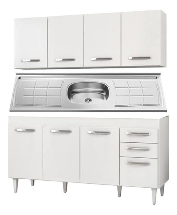 Encontraproduto.com.br - Armário Aéreo Panamá e Balcão Gabinete com Pia Inox 160cm