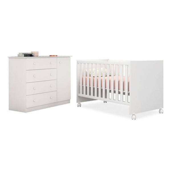 Quarto De Bebê Cômoda Helena E Berço Doce Sonho Branco