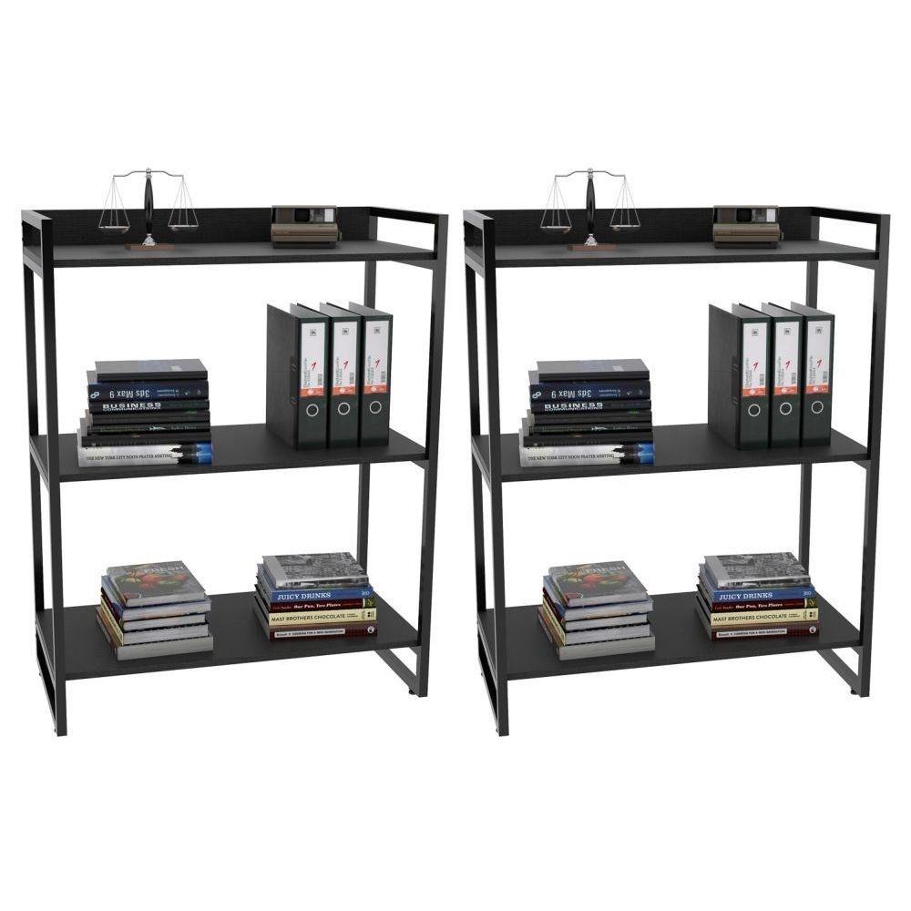 Kit 2 Estantes Livreiro Multiuso Prisma Estilo Industrial 80cm 3 Prateleiras C08 Preto Onix