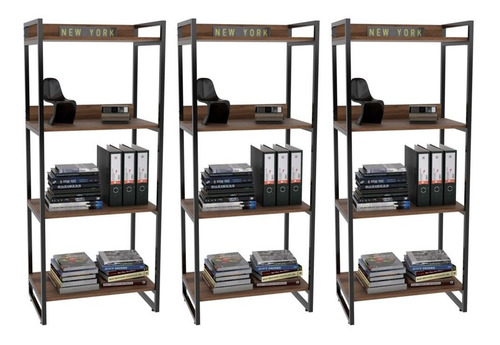 Encontraproduto.com.br - Kit 3 Estantes Estilo Industrial 60cm 4 Prateleiras Nogal