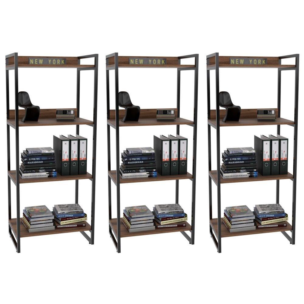 Encontraproduto.com.br - Kit 3 Estantes Estilo Industrial 60cm 4 Prateleiras Nogal