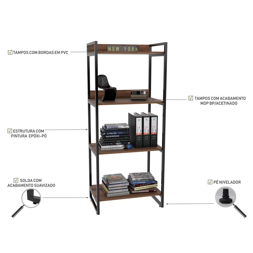 Encontraproduto.com.br - Kit 3 Estantes Estilo Industrial 60cm 4 Prateleiras Nogal