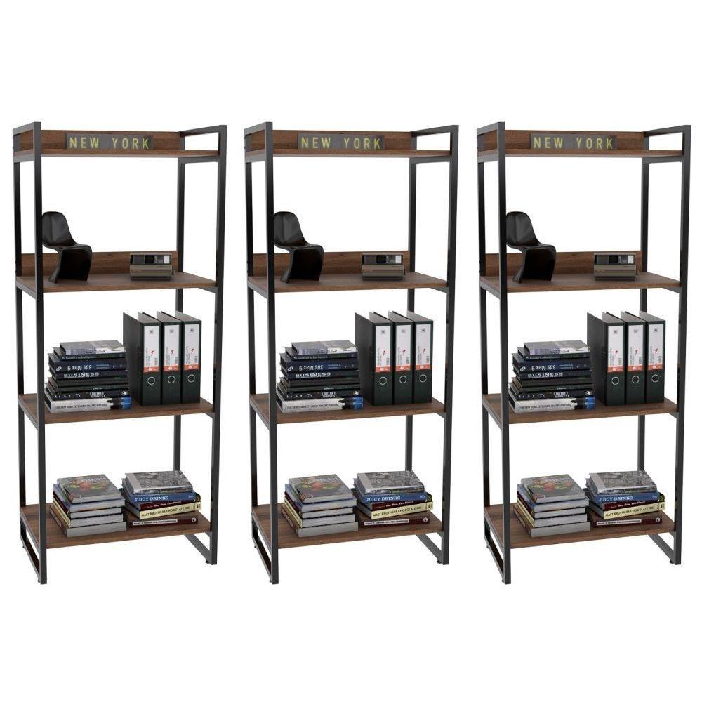 Encontraproduto.com.br - Kit 3 Estantes Estilo Industrial 60cm 4 Prateleiras Nogal