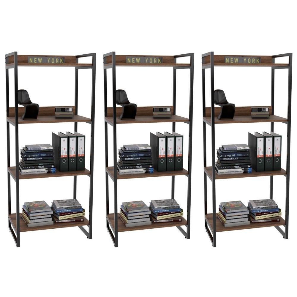 Encontraproduto.com.br - Kit 3 Estantes Estilo Industrial 60cm 4 Prateleiras Nogal