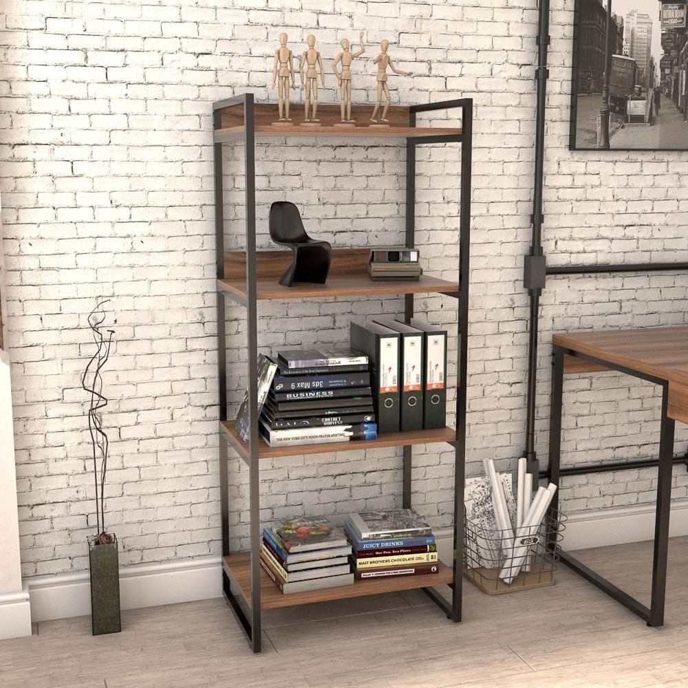 Encontraproduto.com.br - Kit 3 Estantes Estilo Industrial 60cm 4 Prateleiras Nogal