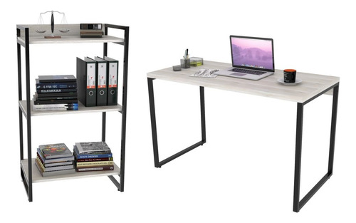 Encontraproduto.com.br - Kit Escritório Estilo Industrial Mesa 135cm e Estante Snow