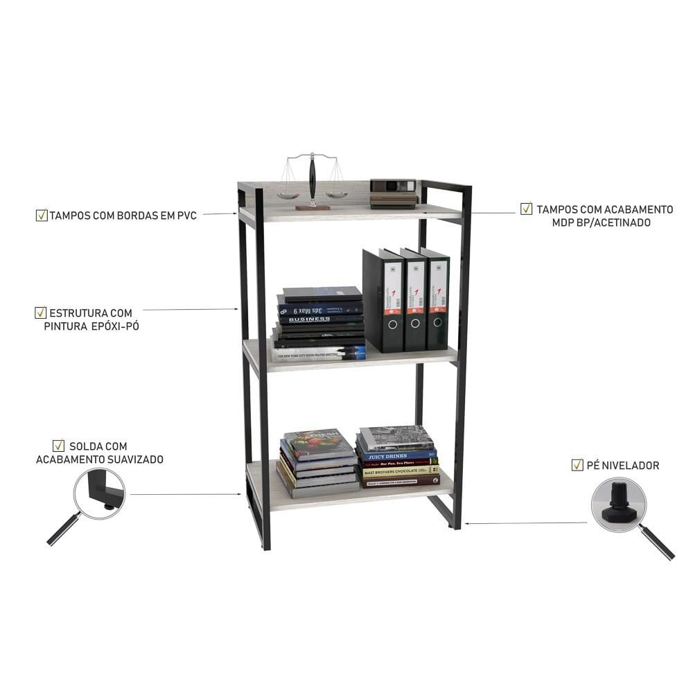 Encontraproduto.com.br - Kit Escritório Estilo Industrial Mesa 135cm e Estante Snow