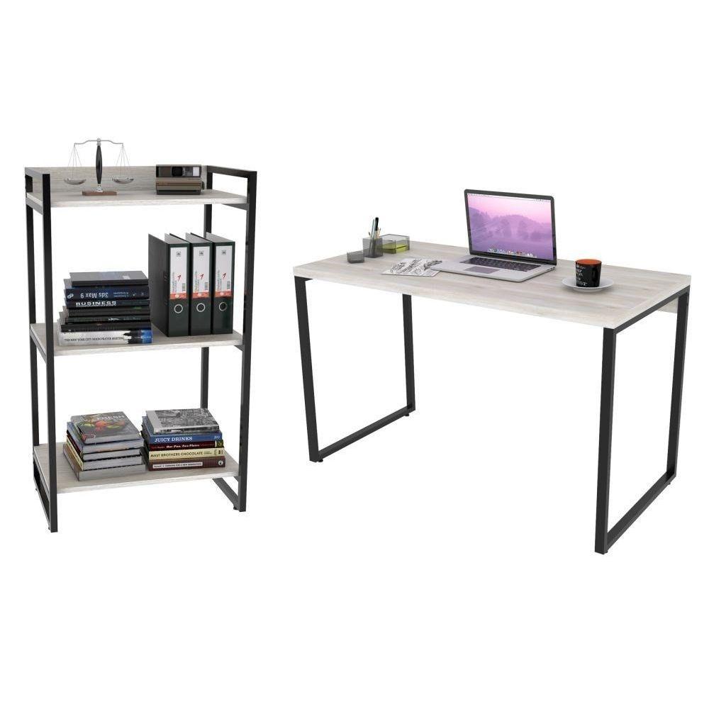 Encontraproduto.com.br - Kit Escritório Estilo Industrial Mesa 135cm e Estante Snow