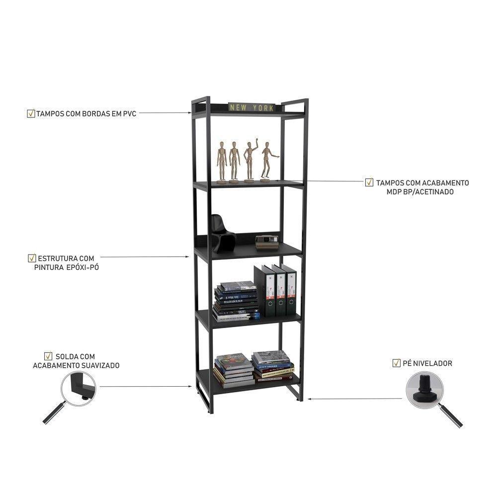 Encontraproduto.com.br - Kit 3 Estantes Livreiro Multiuso Prisma Estilo Industrial 60cm 5 Prateleiras C08 Preto Onix