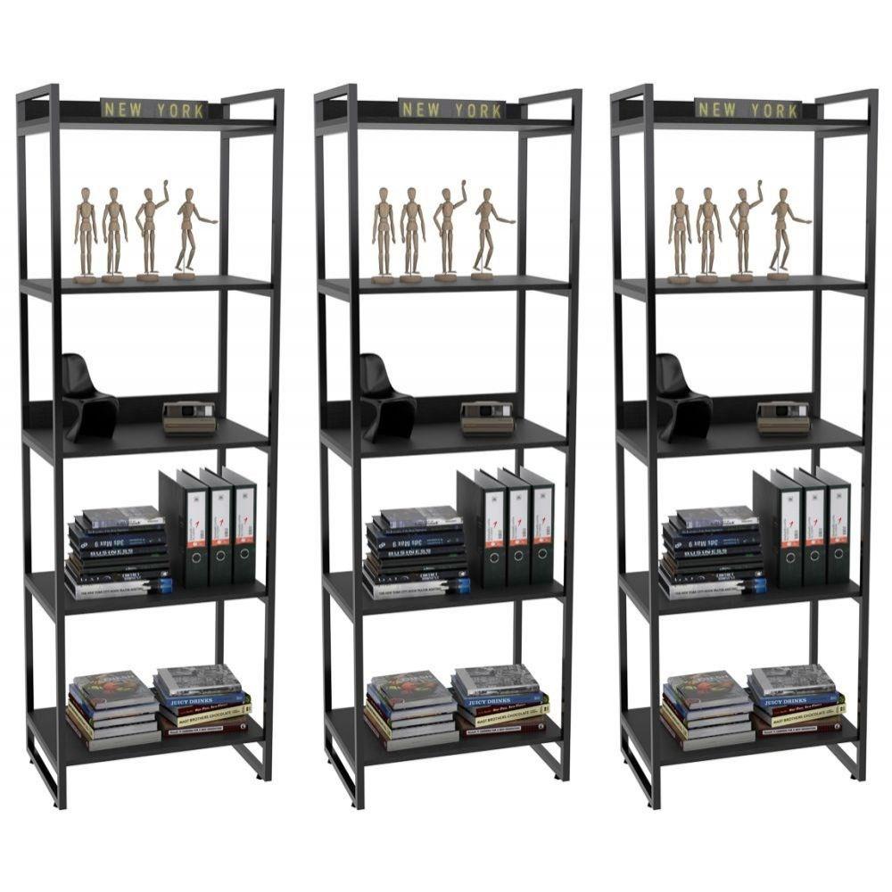 Encontraproduto.com.br - Kit 3 Estantes Livreiro Multiuso Prisma Estilo Industrial 60cm 5 Prateleiras C08 Preto Onix