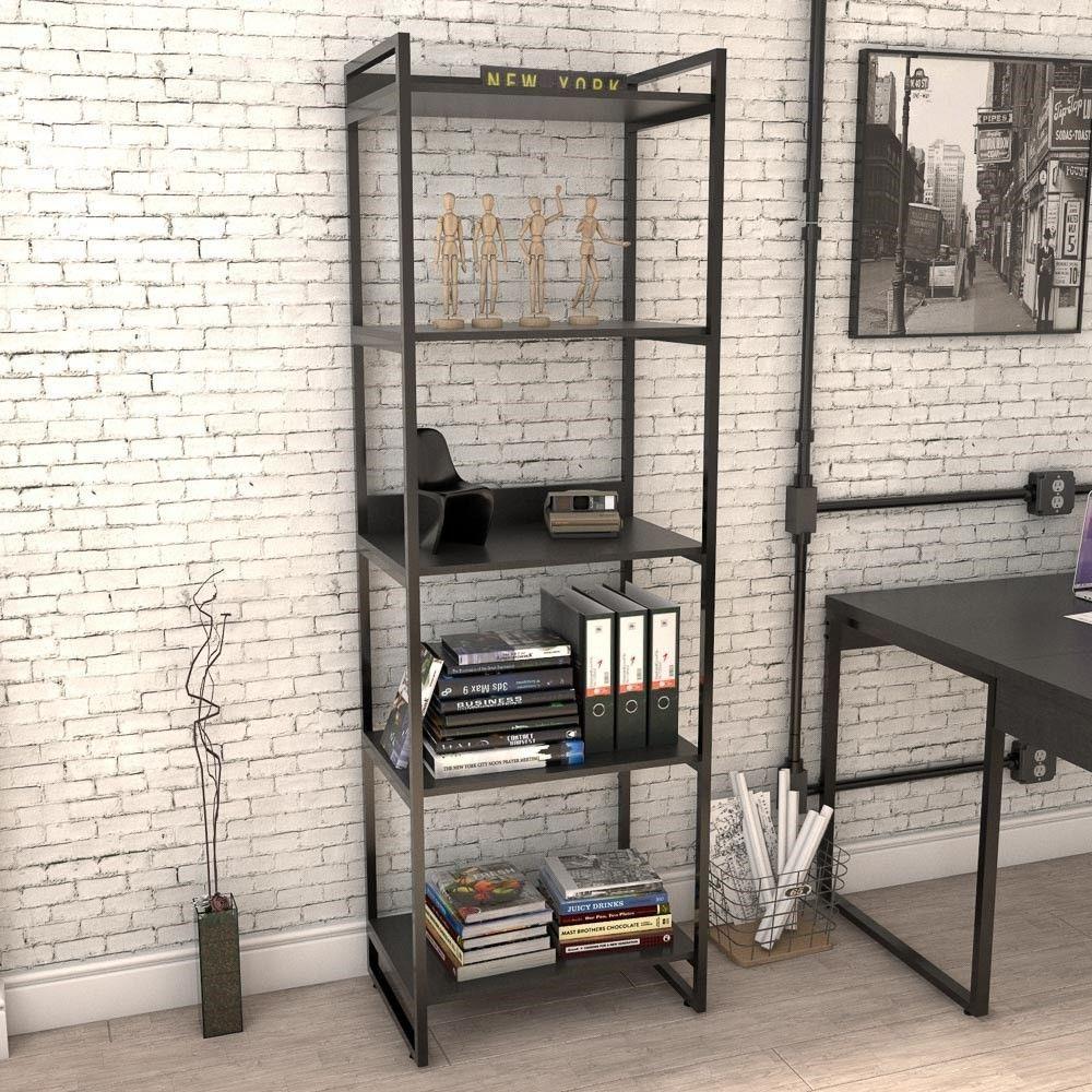 Encontraproduto.com.br - Kit 3 Estantes Livreiro Multiuso Prisma Estilo Industrial 60cm 5 Prateleiras C08 Preto Onix
