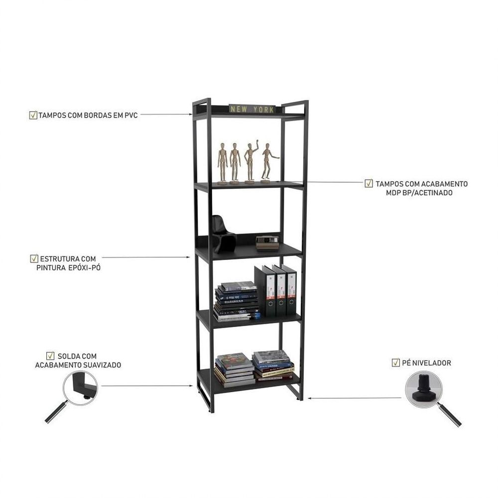 Encontraproduto.com.br - Kit 3 Estantes Livreiro Multiuso Prisma Estilo Industrial 60cm 5 Prateleiras C08 Preto Onix