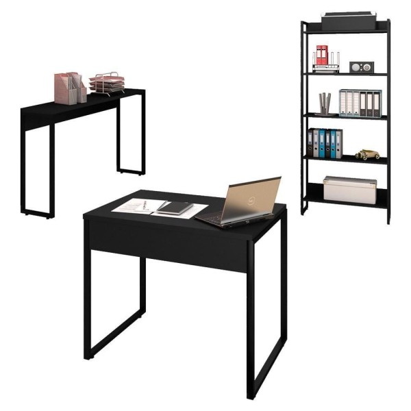 Encontraproduto.com.br - Conjunto Escritório Mesa 90 Aparador E Estante Preto
