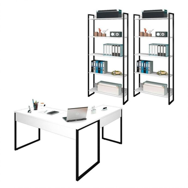 Kit Escritório 1 Mesa em L e 2 Estantes Industrial Branco
