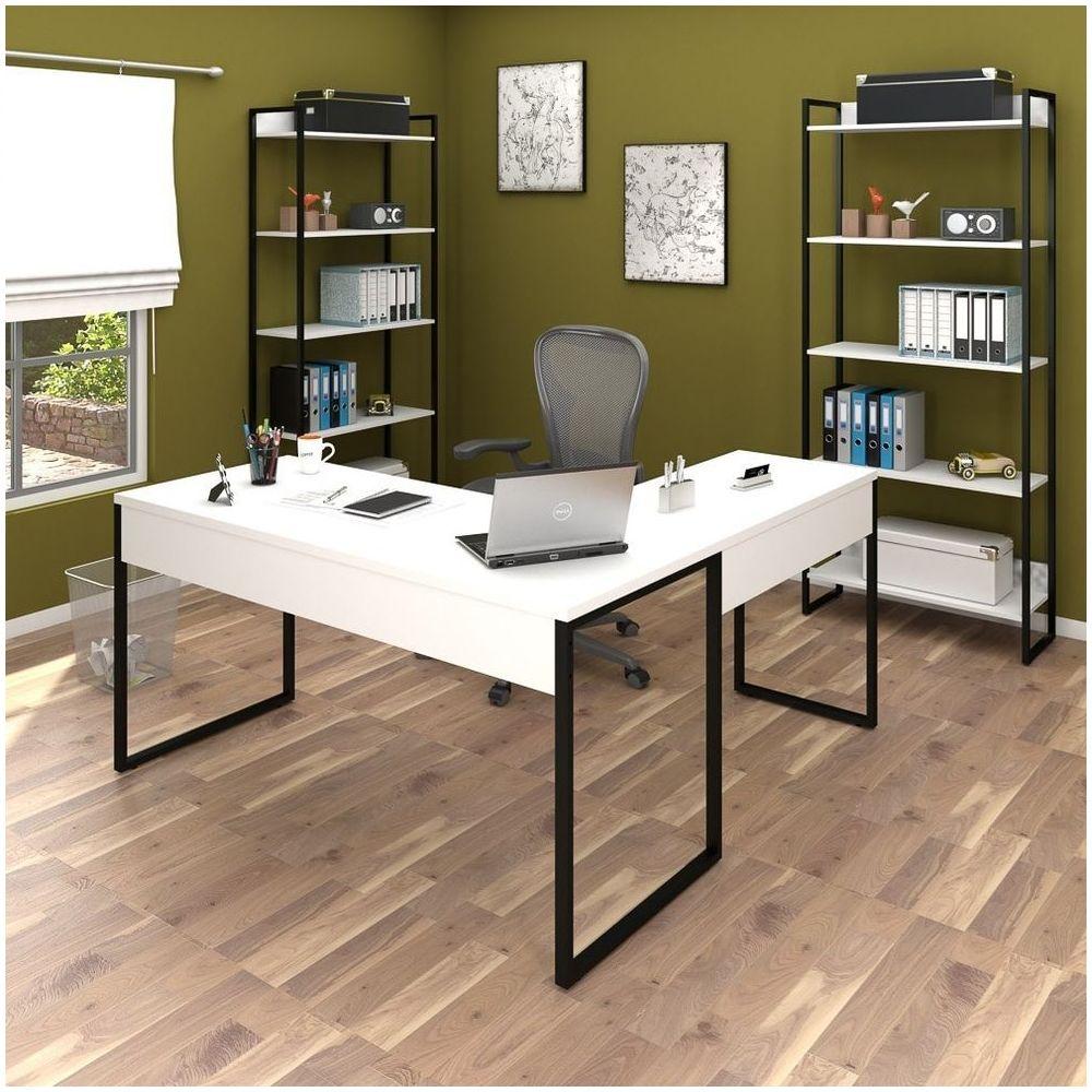 Encontraproduto.com.br - Kit Escritório 1 Mesa em L e 2 Estantes Industrial Branco