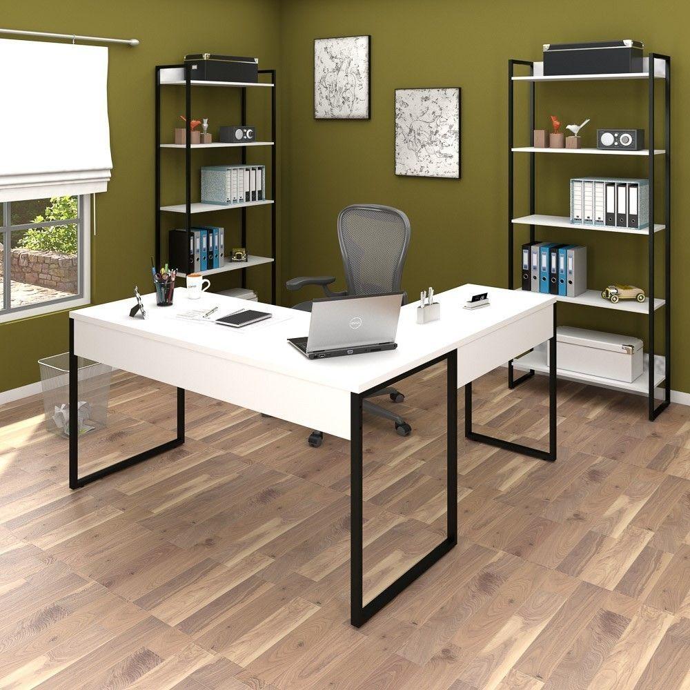 Encontraproduto.com.br - Kit Escritório 1 Mesa em L e 2 Estantes Industrial Branco