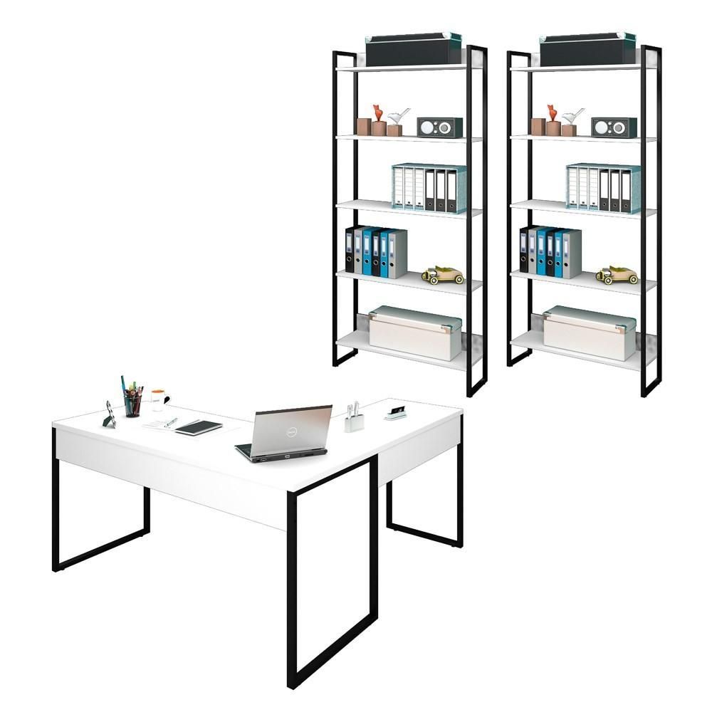 Encontraproduto.com.br - Kit Escritório 1 Mesa em L e 2 Estantes Industrial Branco