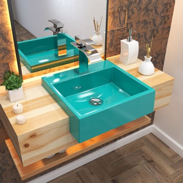 Encontraproduto.com.br - Cuba Pia Semi Encaixe para Banheiro Quadrada Kuad 395 C08 Azul Turquesa - Mpozenato
