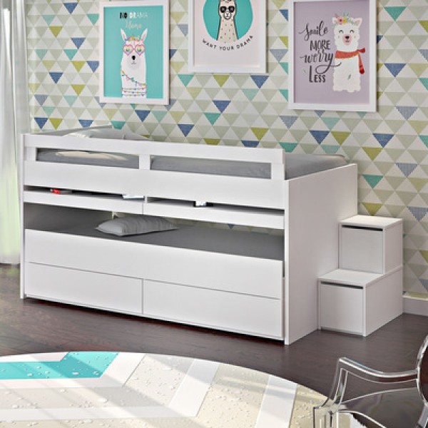 Encontraproduto.com.br - Beliche Juvenil Baixa 2 Gavetas Escrivaninha E Escada 2 Em 1 Faces F04 Branco