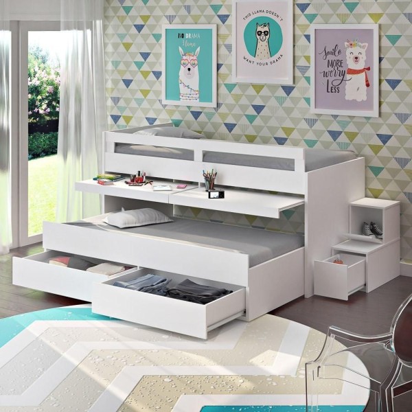 Encontraproduto.com.br - Beliche Juvenil Baixa 2 Gavetas Escrivaninha E Escada 2 Em 1 Faces F04 Branco