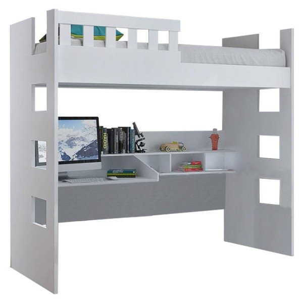 Encontraproduto.com.br - Cama Alta com Escrivaninha Escada Bilateral Faces F04 Branco - Mpozenato