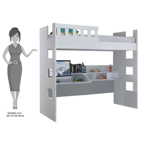 Encontraproduto.com.br - Cama Alta com Escrivaninha Escada Bilateral Faces F04 Branco - Mpozenato