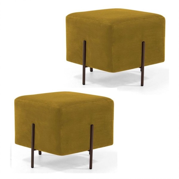 Encontraproduto.com.br - Kit 2 Puffs Decorativos 45cm Base Aço Status C-279 Veludo Mostarda - Domi