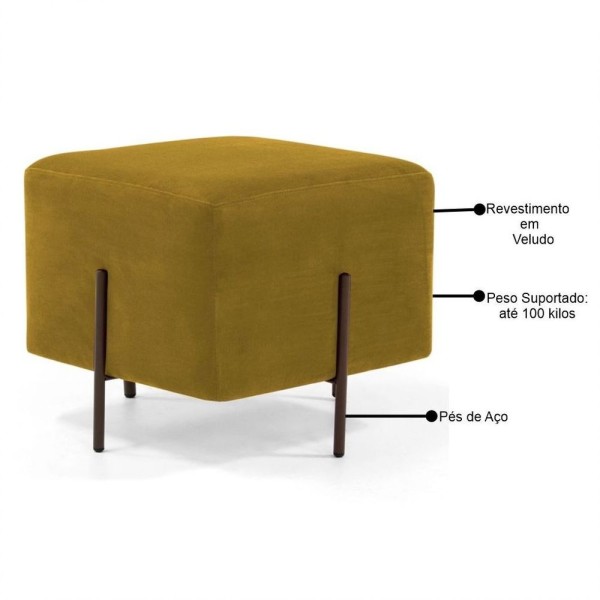 Encontraproduto.com.br - Kit 2 Puffs Decorativos 45cm Base Aço Status C-279 Veludo Mostarda - Domi