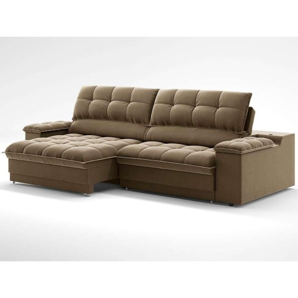 Encontraproduto.com.br - Sofá 3 Lugares Retrátil e Reclinável Helen com USB e Porta-Copos Veludo Castor 210 cm