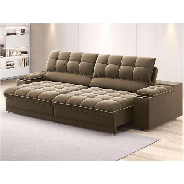 Encontraproduto.com.br - Sofá 3 Lugares Retrátil e Reclinável Helen com USB e Porta-Copos Veludo Castor 210 cm