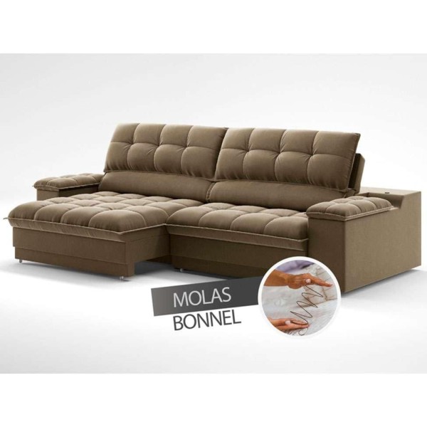 Encontraproduto.com.br - Sofá 3 Lugares Retrátil e Reclinável Helen com USB e Porta-Copos Veludo Castor 210 cm