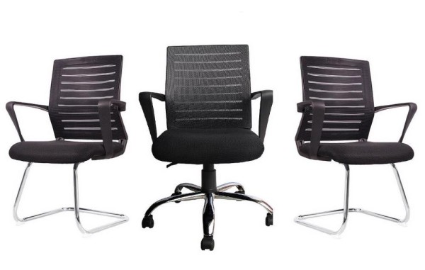 Encontraproduto.com.br - Conjunto com 1 Cadeira Diretor e 2 Cadeiras Interlocutor Pelegrin PEL-8501 Tela Mesh Preta