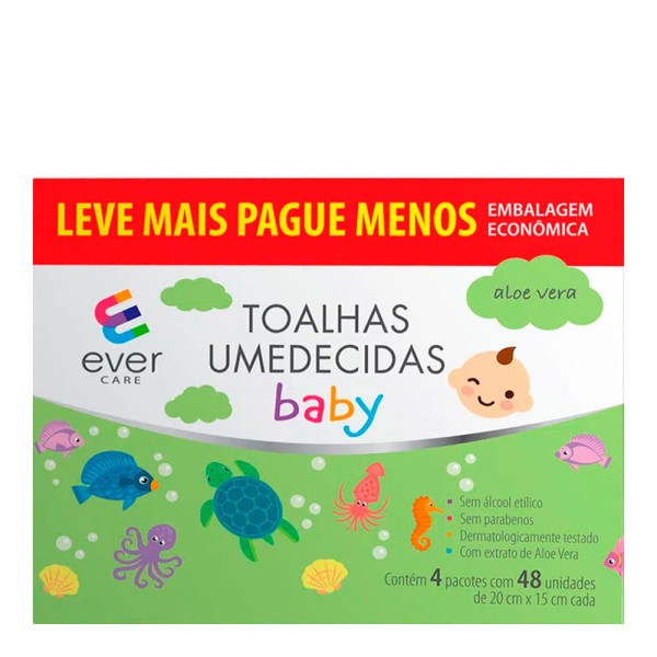 Encontraproduto.com.br - Kit Lenço Umedecido Ever Care Baby Aloe Vera 4 Pacotes com 48 Unidades